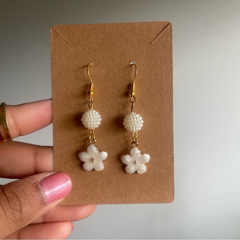 Handcrafted Gold and White Floral Earrings